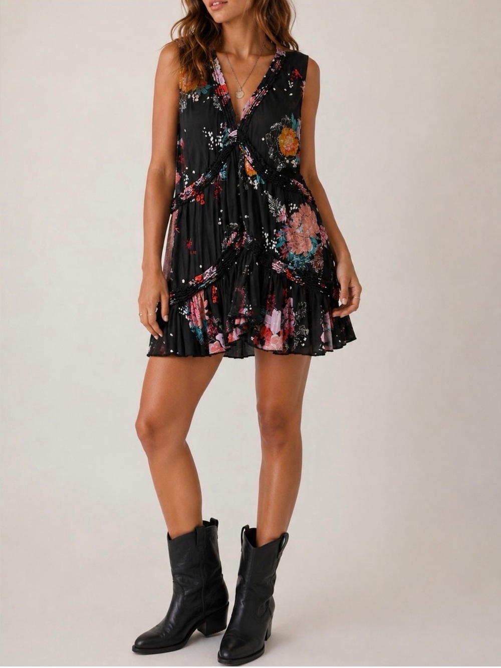 Free People Floral Boho Sleeveless Tunic Dress Mini Size Small